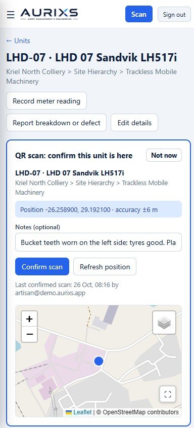 Téléphone : confirmation de scan QR avec position GPS et note sur l'état